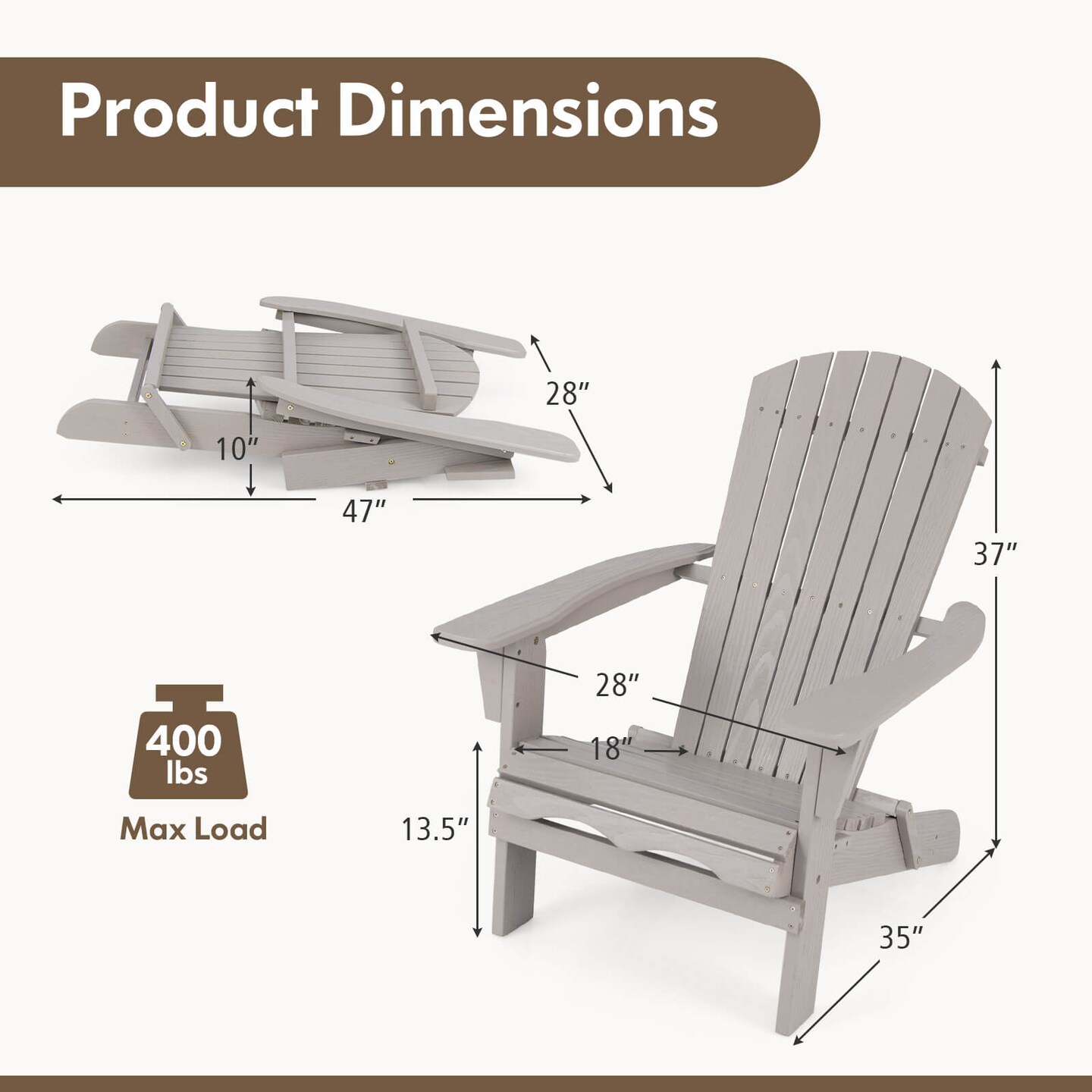 Costway Folding Adirondack Chair Set of 1/4 with High Backrest & Wide Armrests Wooden Grey
