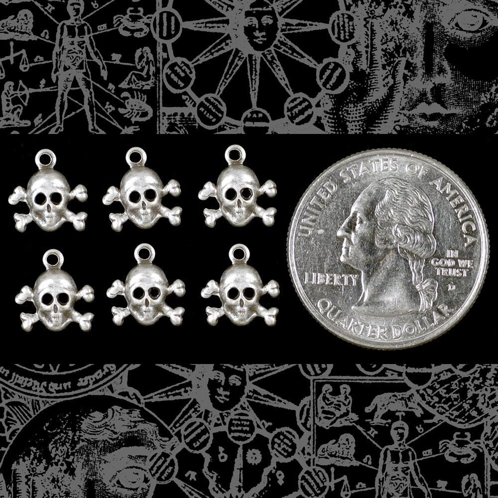 Antiqued Silver Plated Brass Mini Skull and Crossbones Charms - Set of Six - S-C178
