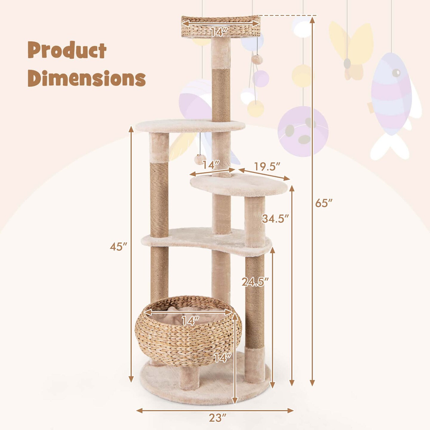Costway 65" Cattail Cat Tower with Jute Scratching Posts Perch Basket Bed Dangling Balls