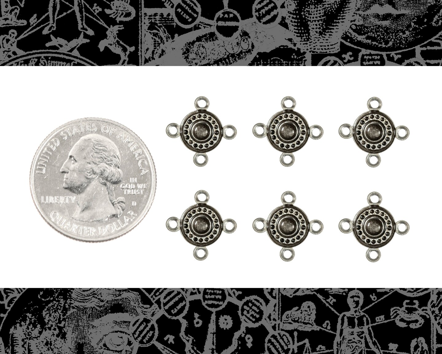 Antiqued Silver Plated Brass Button Four Ring Connectors - Set of Six - S-4C11