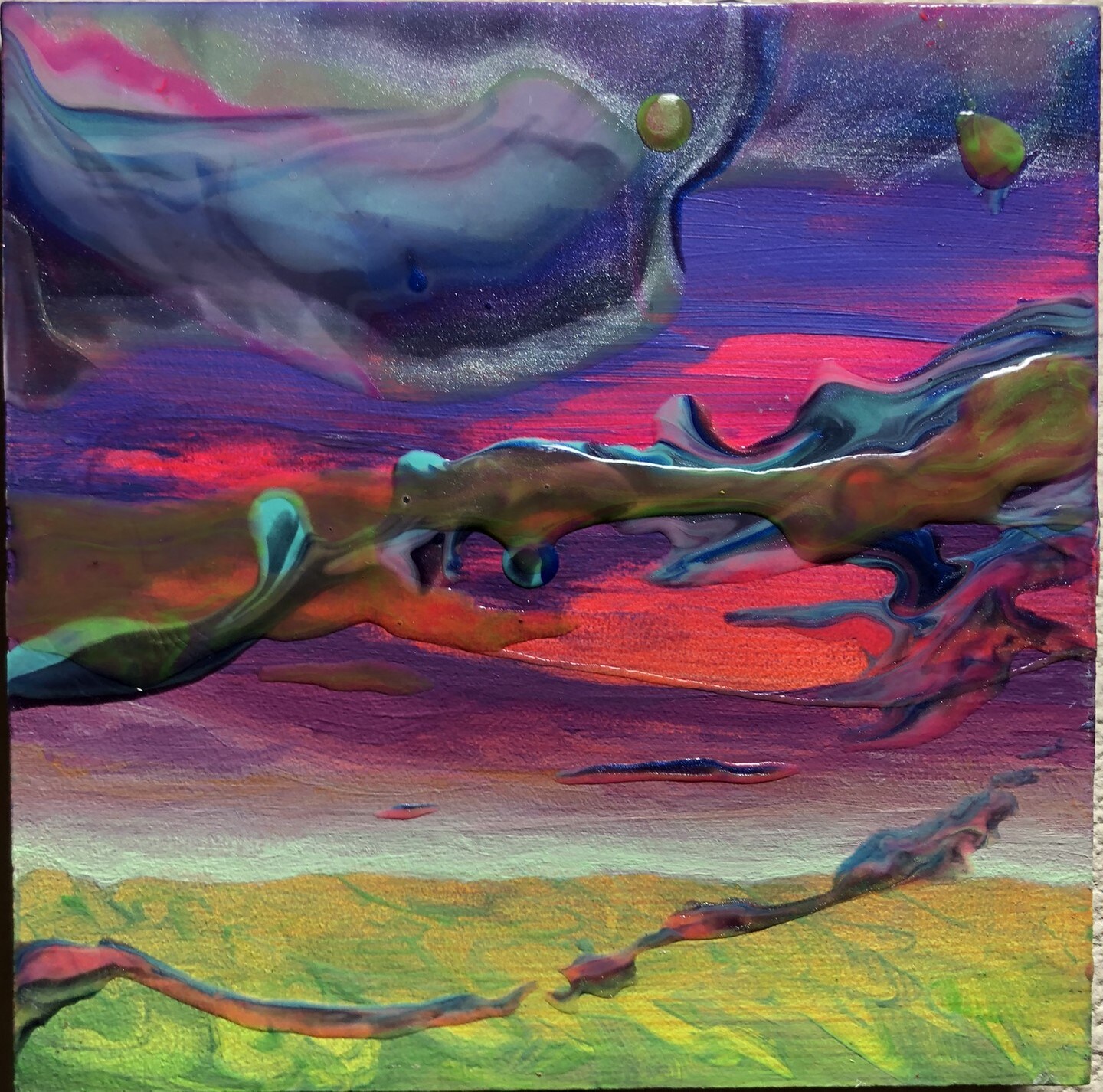 Fluorescent Clouds 2 - Neon Acrylic and Oil Paint on Wood Panel