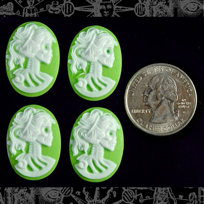 Lime Green and White Skeletal Profile 24mm x 18mm Resin Cameos - Set of Six - CAM69
