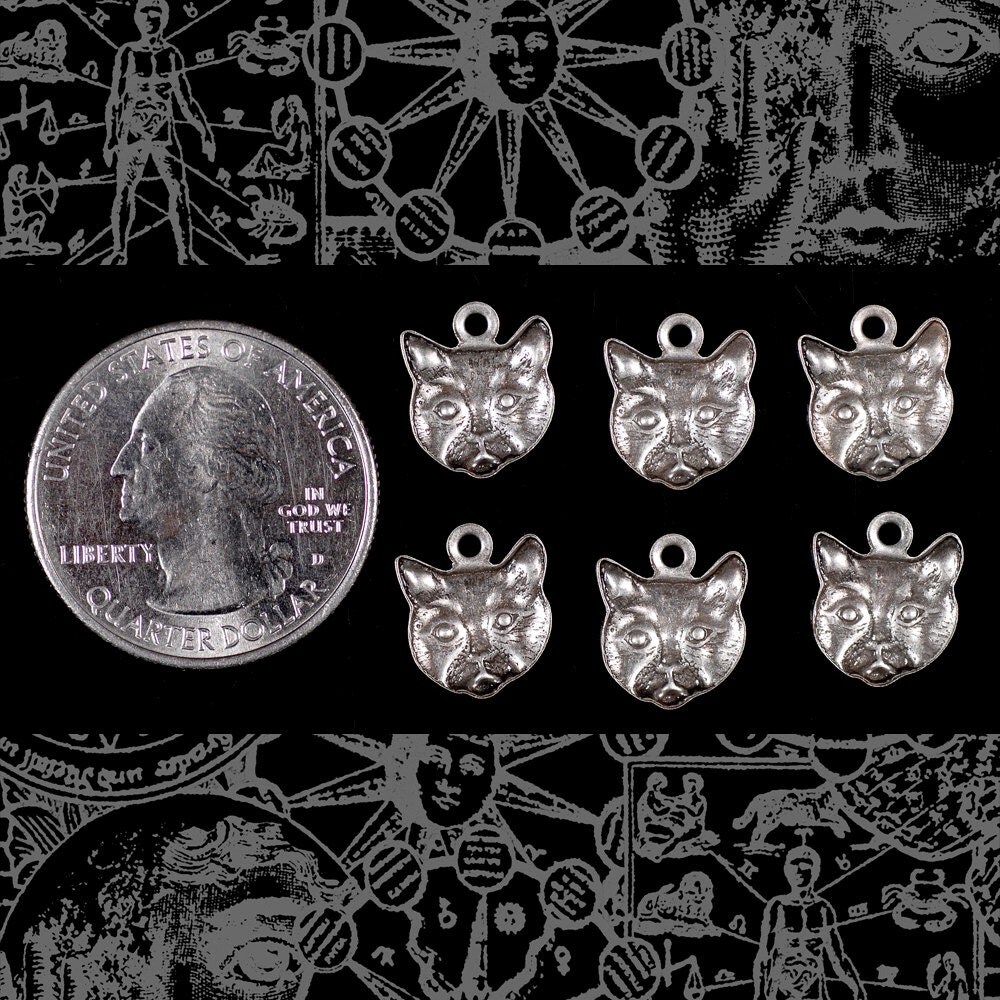 Antiqued Silver Plated Brass Mini Cat Face Charms - Set of Six - S-C112
