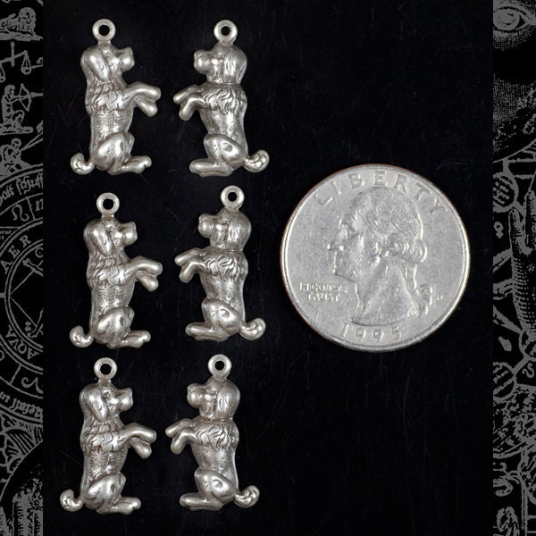 Antiqued Silver Plated Brass Stampings Sitting Dog Charms - Set of Six - S-C30