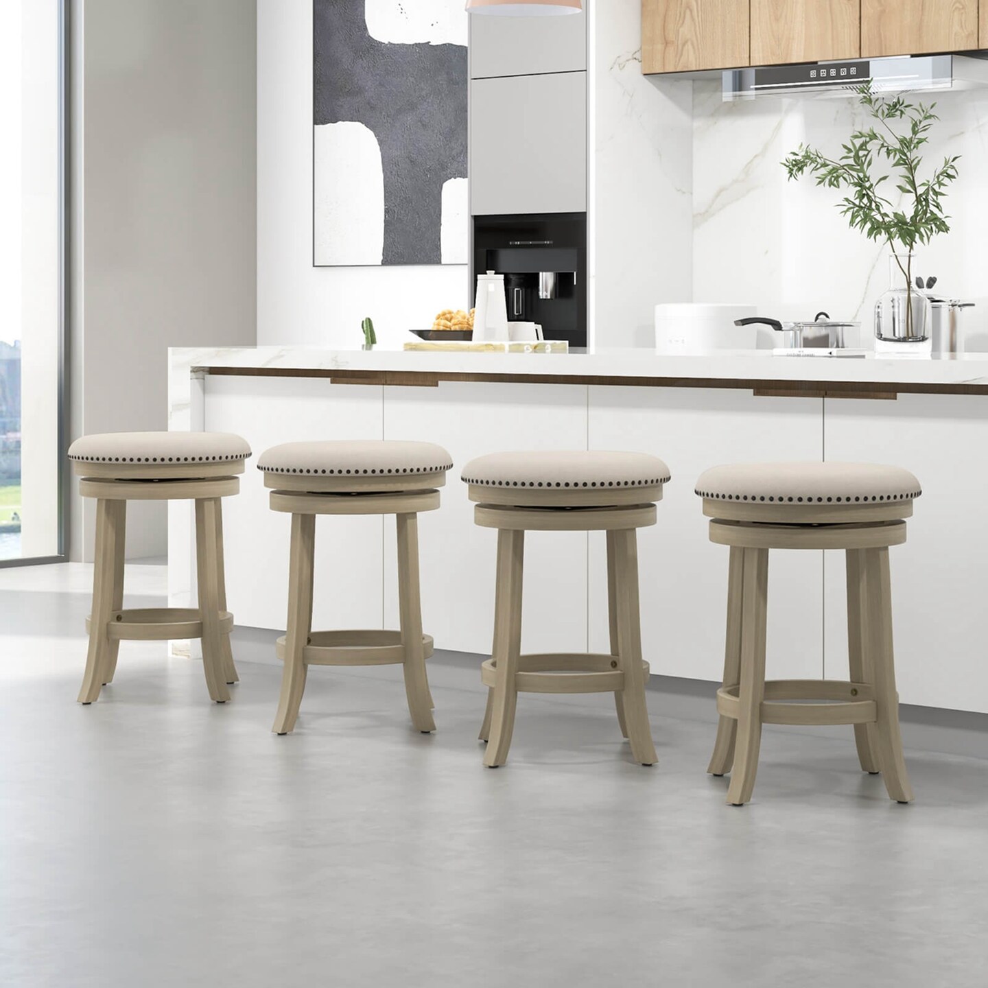 Costway 26.5&#x22; Swivel Bar Stools Set of 2/4 Round Counter Height Barstools with Wooden Frame