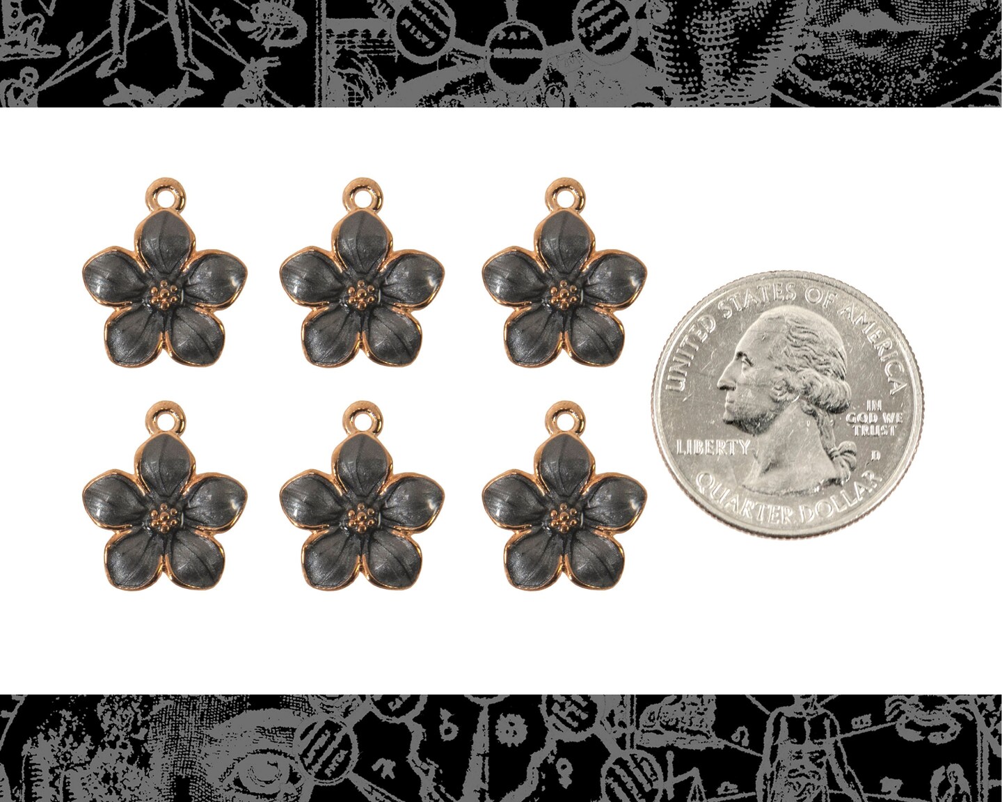 Gold Finish and Grey Enamel Flower Charms - Set of Six - XXX - ZG-C55