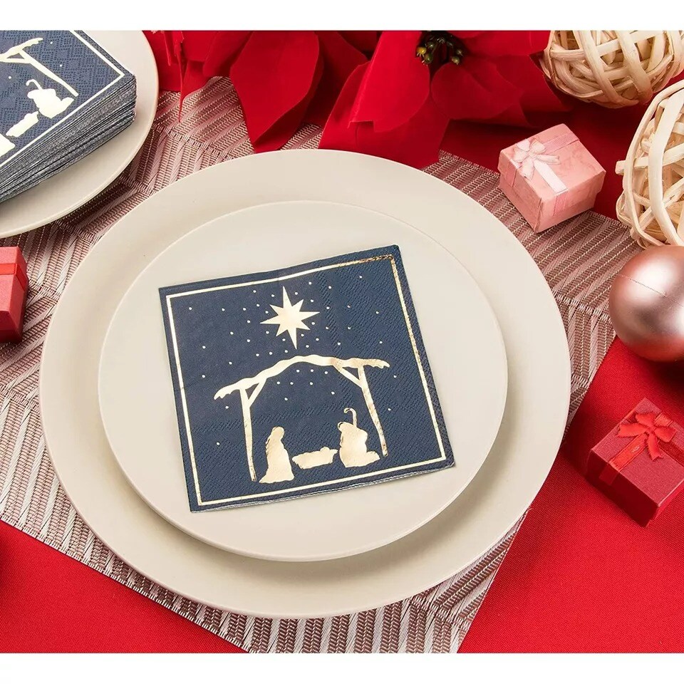 50x Christmas Cocktail Napkin Paper Disposable for Party, 5x5&#x22; Nativity of Jesus