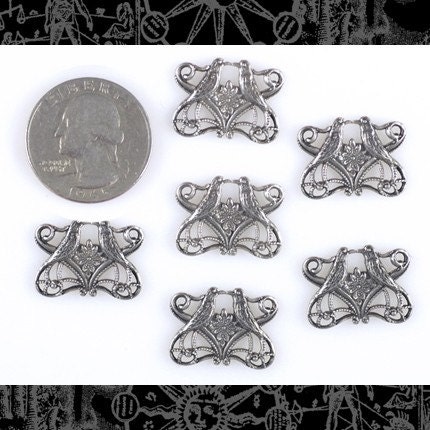 Antiqued Silver Plated Brass Love Birds Art Deco Connectors - Set of Six - S-4C01