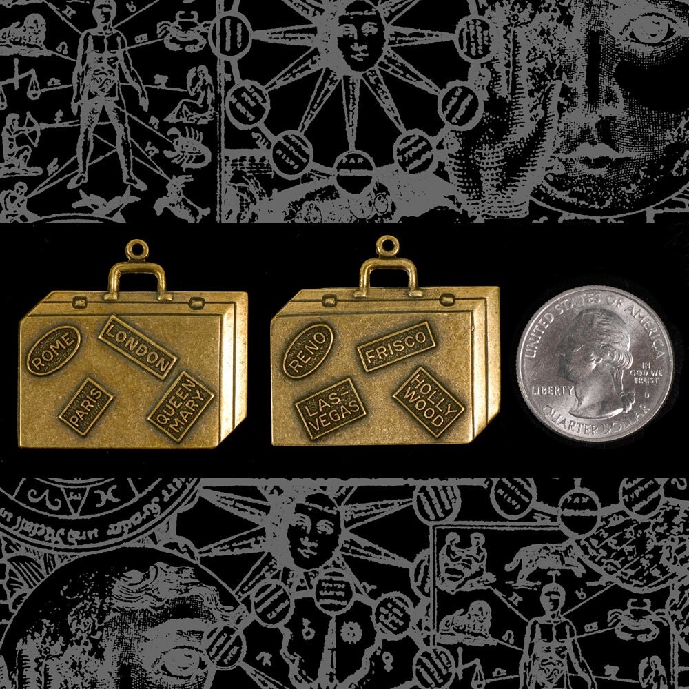 Antiqued Brass Road Trip Suitcase Pendant with Stickers - Set of Two - AB-P93