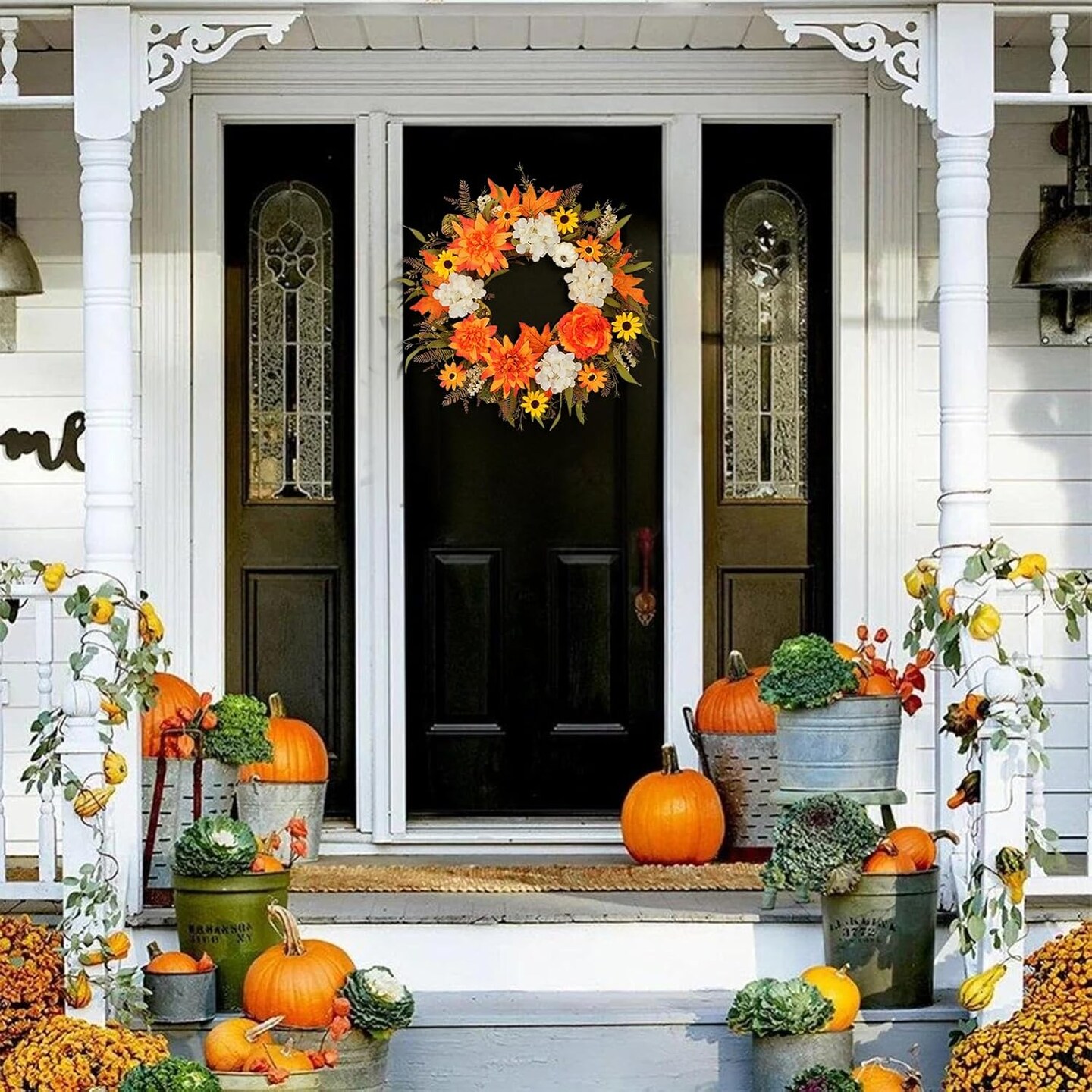 Artificial Sunflowers Autumn Flowers Wreath with Dahlia Peony Hydrangea Pumpkin Berries for Indoor Outdoor Window Wall Porch Harvest Halloween Thanksgiving Decor