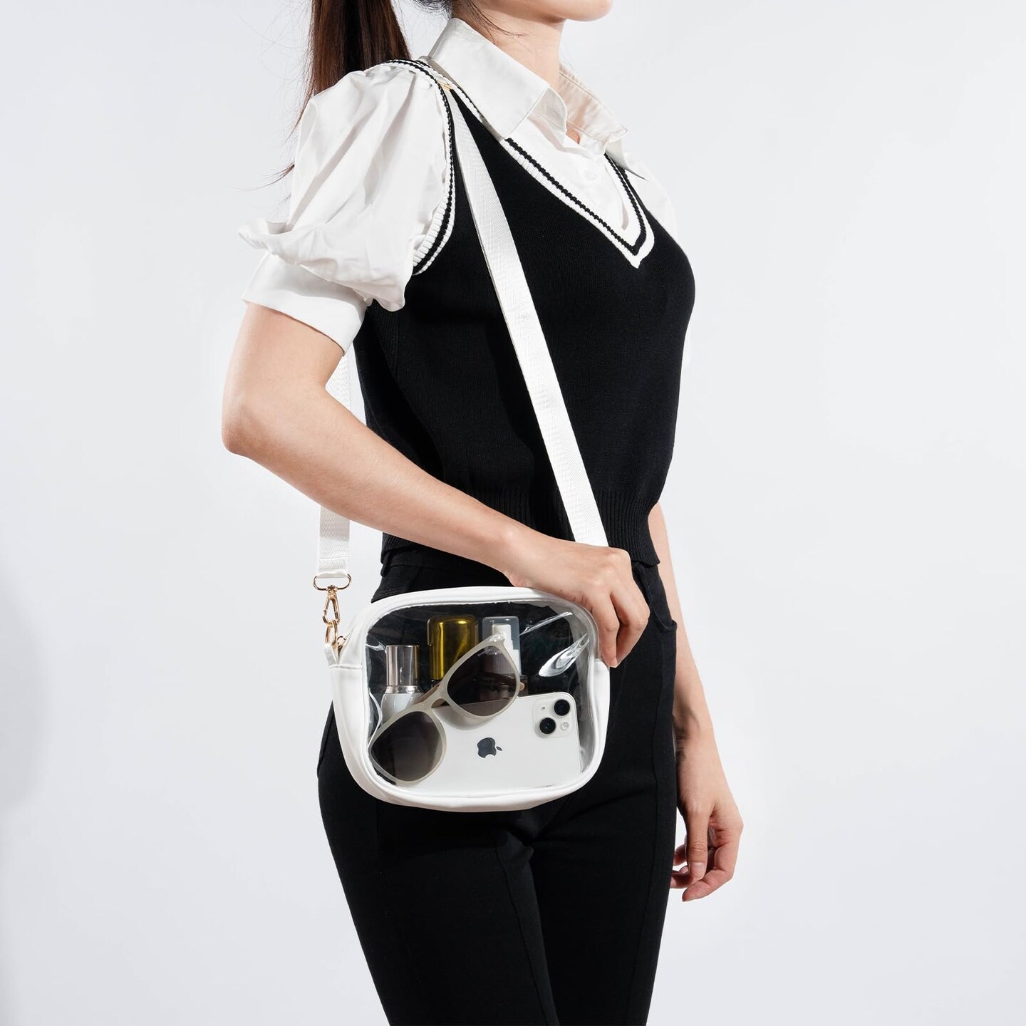 Clear Purse Crossbody Bag for Women Stadium Approved, Small Leather Clear Bag with Adjustable Strap for Concert Sports Events (White)