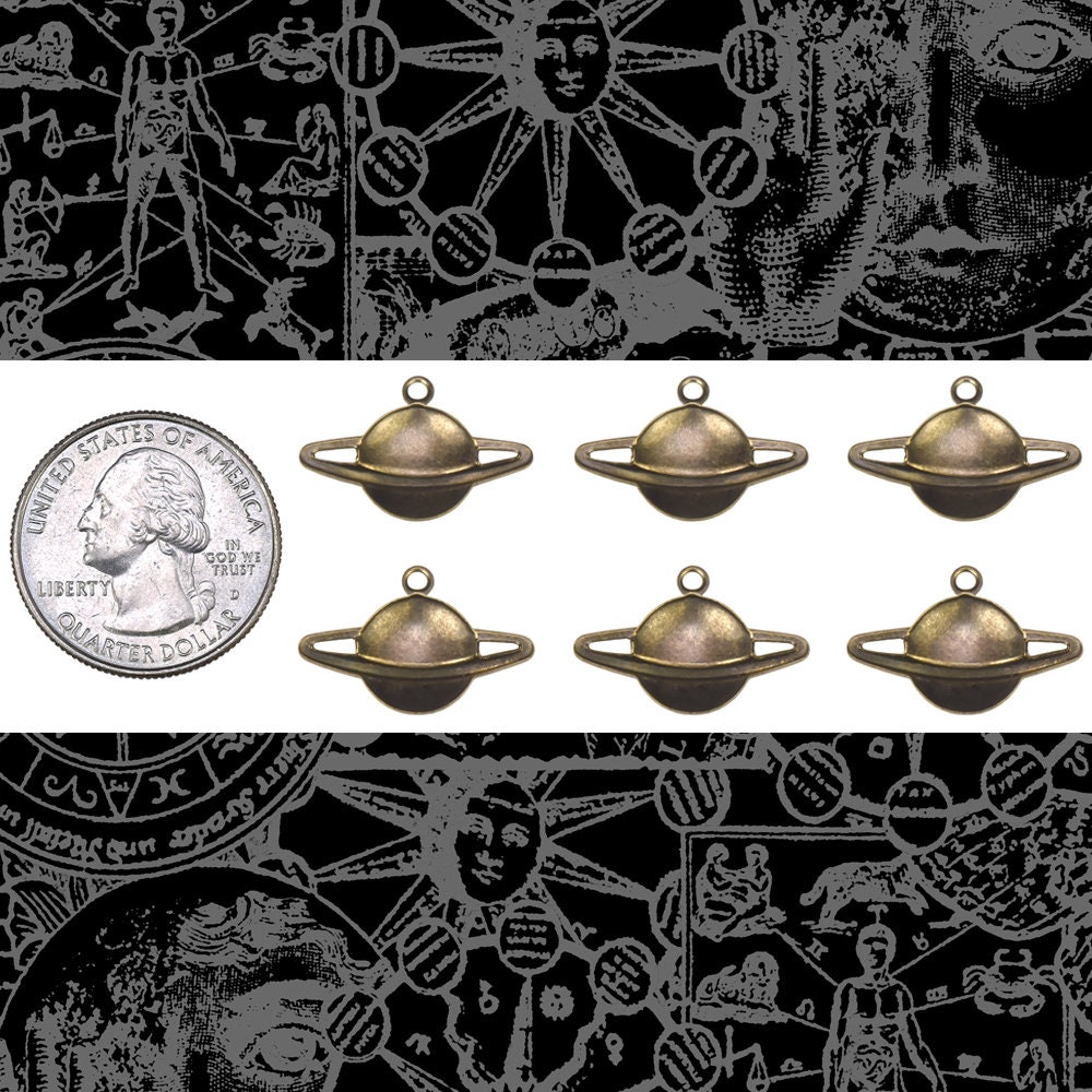 Antiqued Brass Saturn Planet with Ring Charms - Set of Six - AB-C195