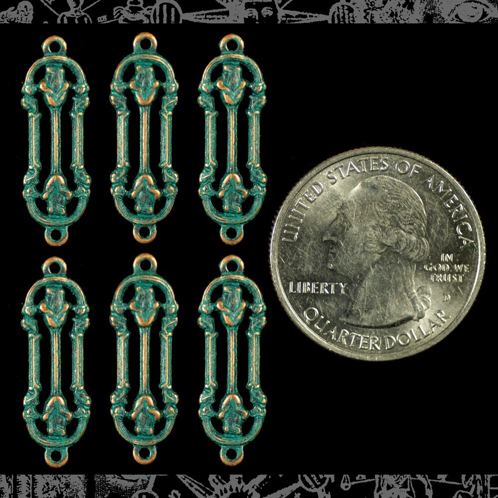 Verdigris Finished Brass Art Deco Flower Bars Two Way Connectors - Set of Six - V-2C37