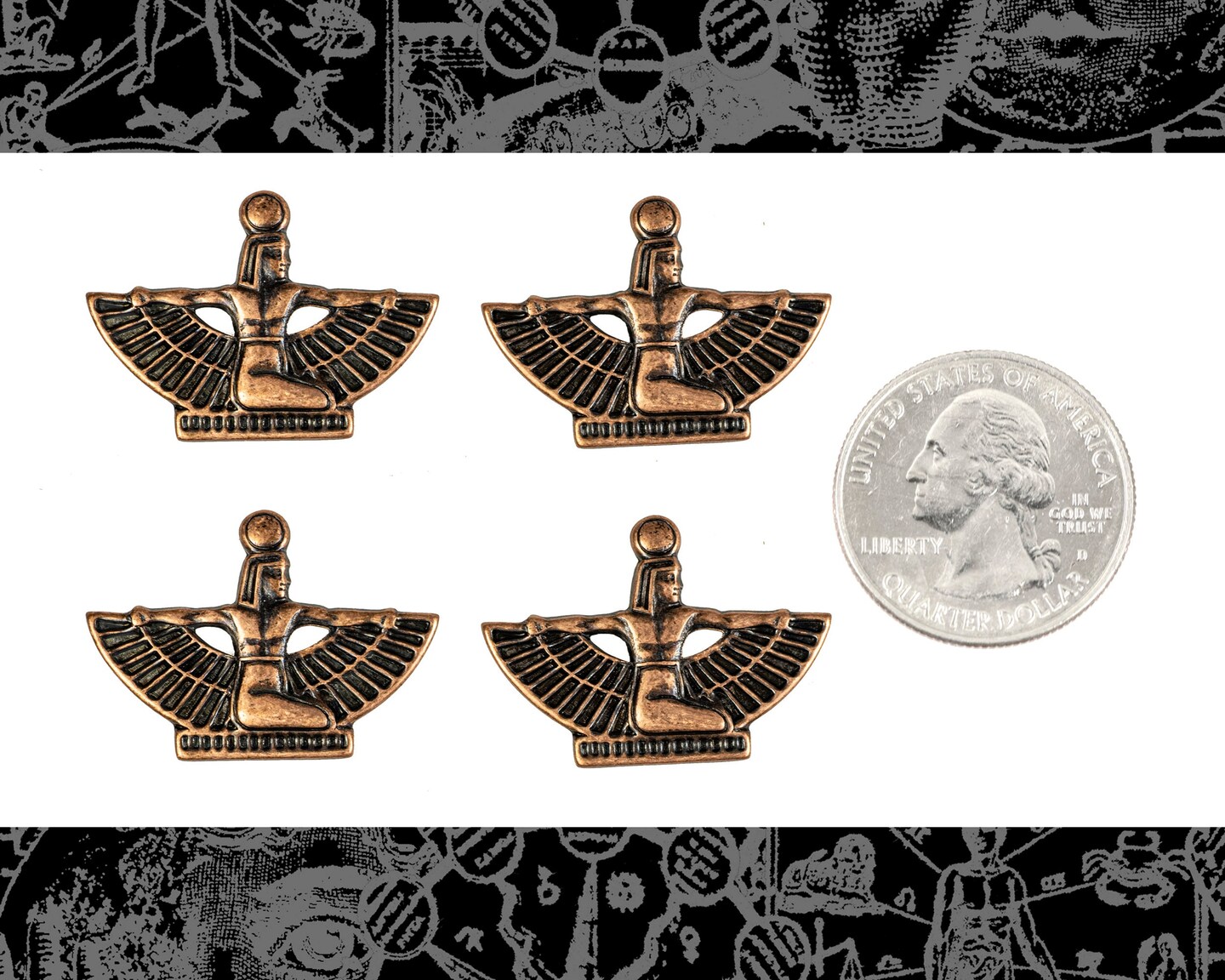 Antiqued Copper Plated Brass Mini Winged Egyptian Goddess Pendants or Charms with NO hole - Set of Four - C-P75