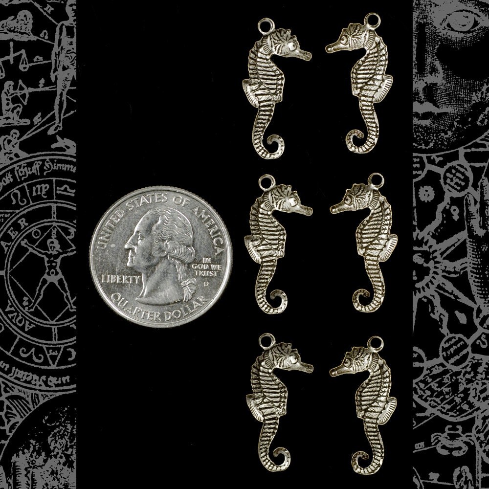 Antiqued Silver Plated Brass Small Flat Sea Horse Charms - Set of Six - S-C156