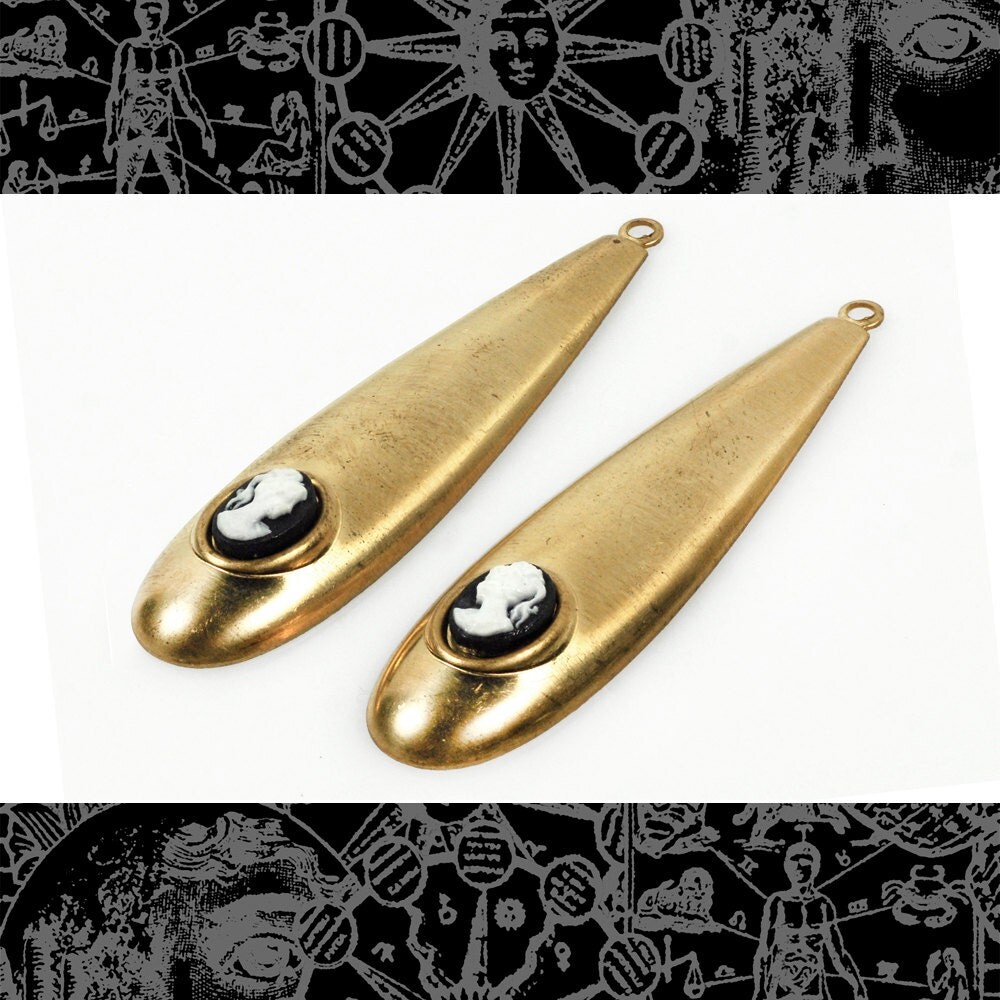 Teardrop Antiqued Silver Plated Brass Drops with Embedded 8mm x 6mm Cameo or Cabochon Frames - Set of Six - S-F24