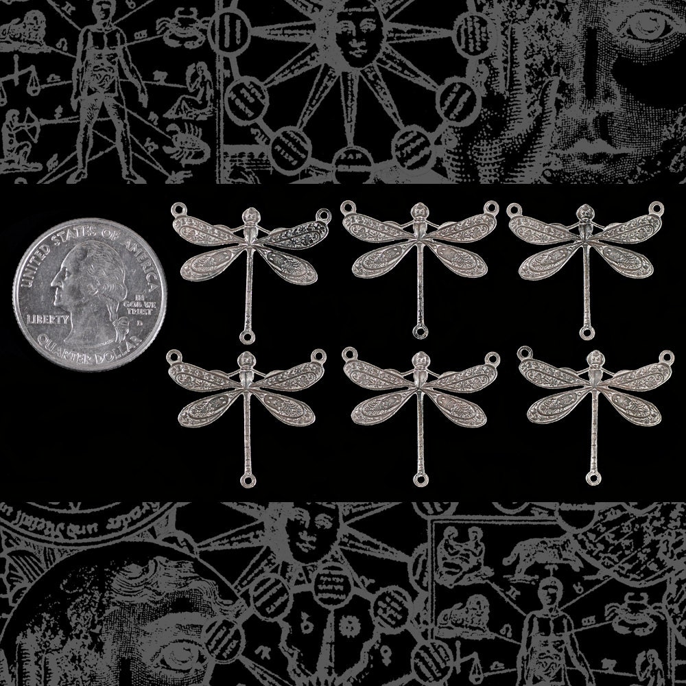 Antiqued Silver Plated Brass Medium Ornate Dragonfly Three Ring Connectors - Set of Six - S-3C32