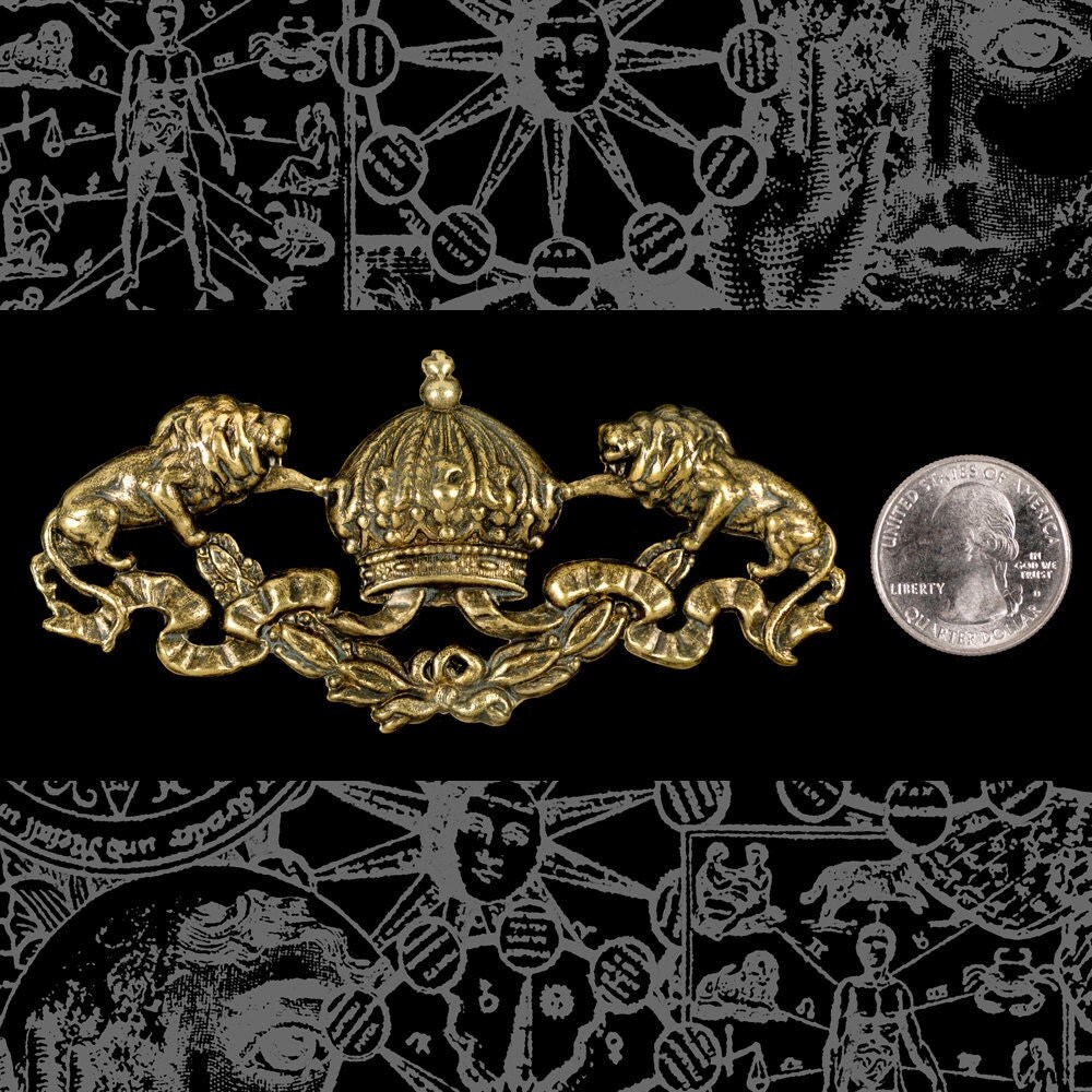 Antiqued Brass Huge Lions and Crown Decorative Embellishment Ornament - AB-P88
