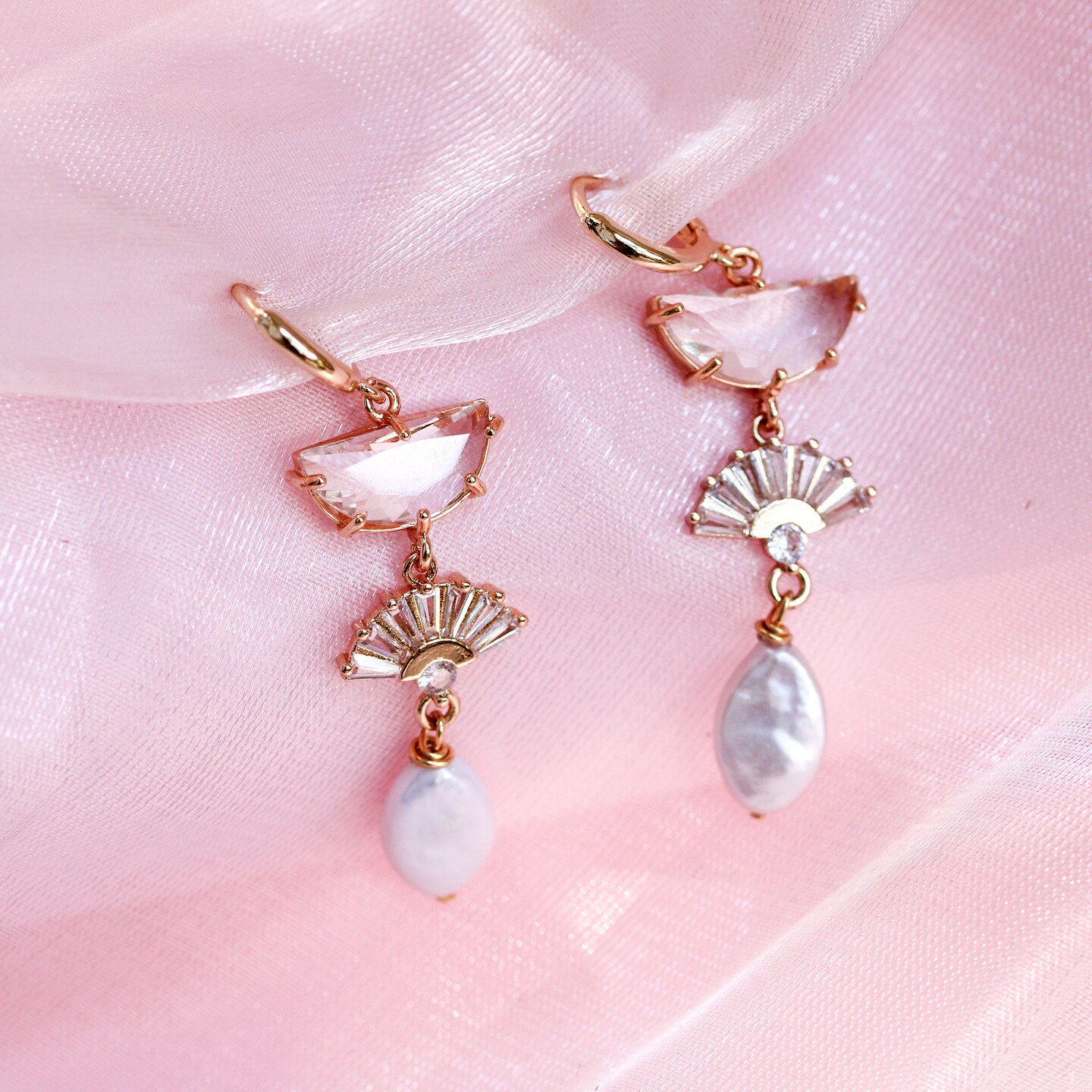 Freshwater pearl drop bridal earrings with cubic zirconia 24k gold plate fan charm