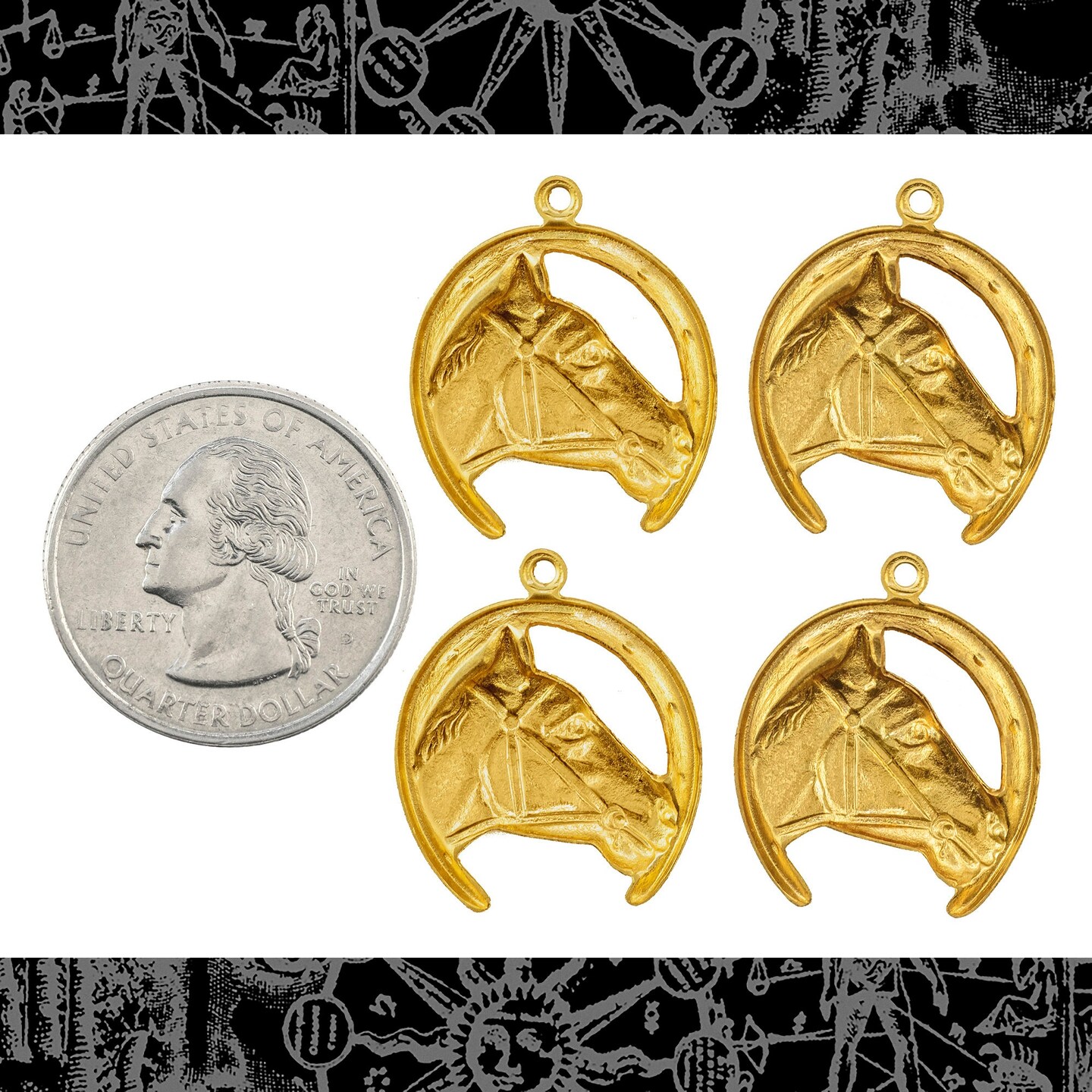 Raw Brass Horse Head in Horseshoe Charms - Set of Four - B-C217