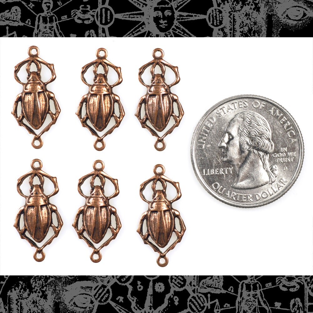 Antiqued Copper Plated Brass Beetle Connectors with Two Rings - Set of Six - C-2C69