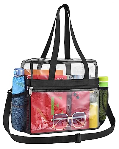 Clear Bag for Stadium Events 12x6x12, Large Clear Tote Lunch Bag Stadium Approved with Reinforced Shoulder Straps for Concert Outfits and Festival, Transparent Handbag for Women - Black