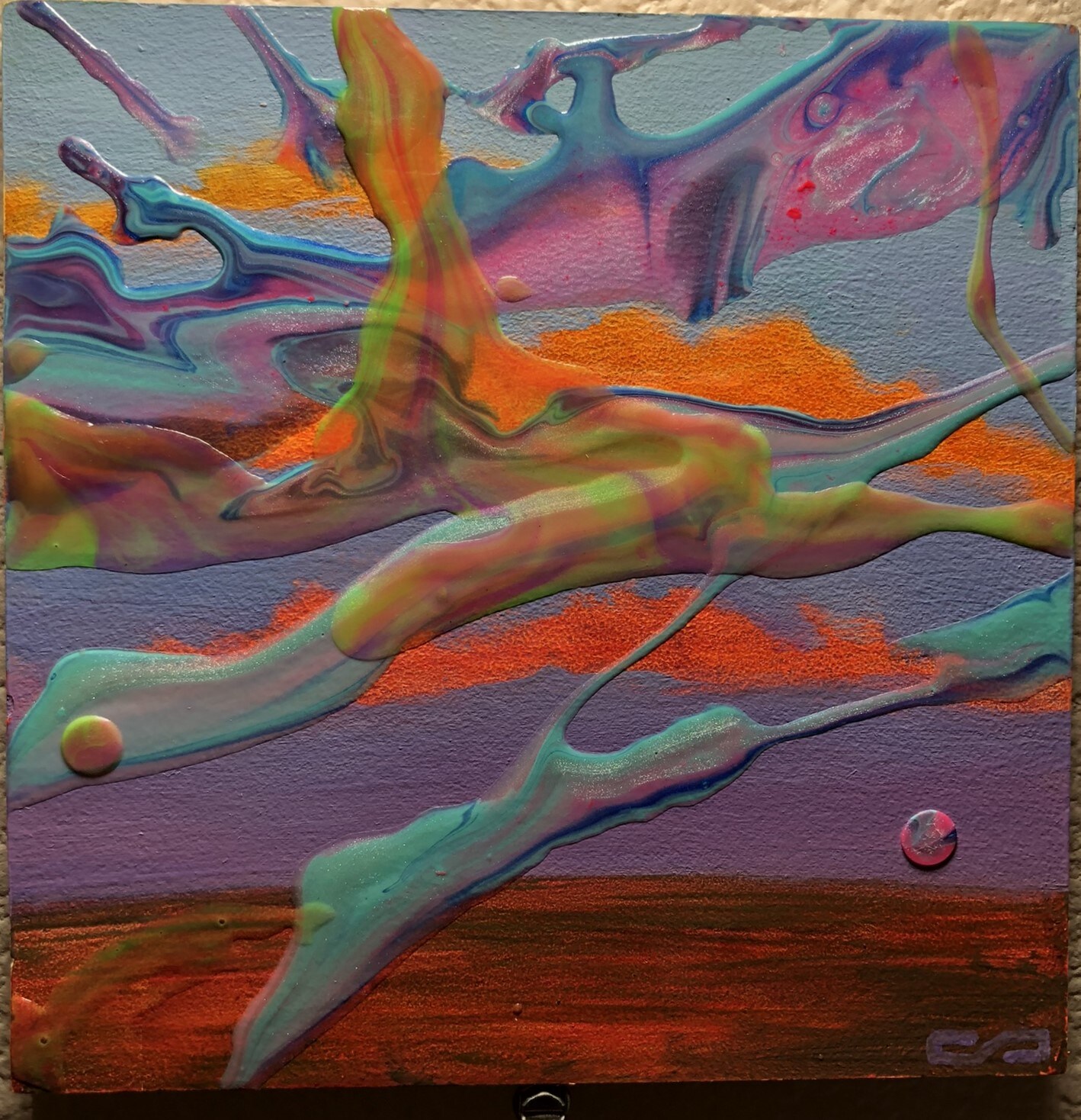 Fluorescent Clouds 1 - Neon Acrylic and Oil Paint on Wood Panel