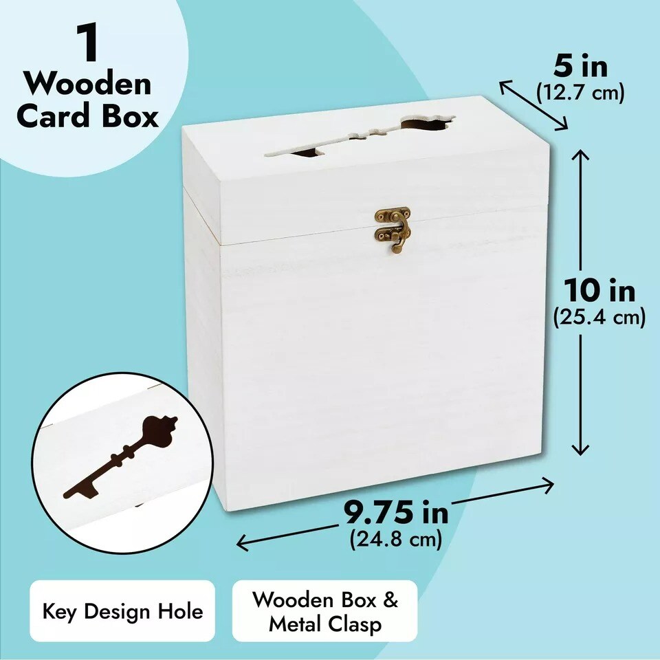 Rustic Wooden Wedding Card Box with Lock and Slot for Reception, White, 9.8x5x10