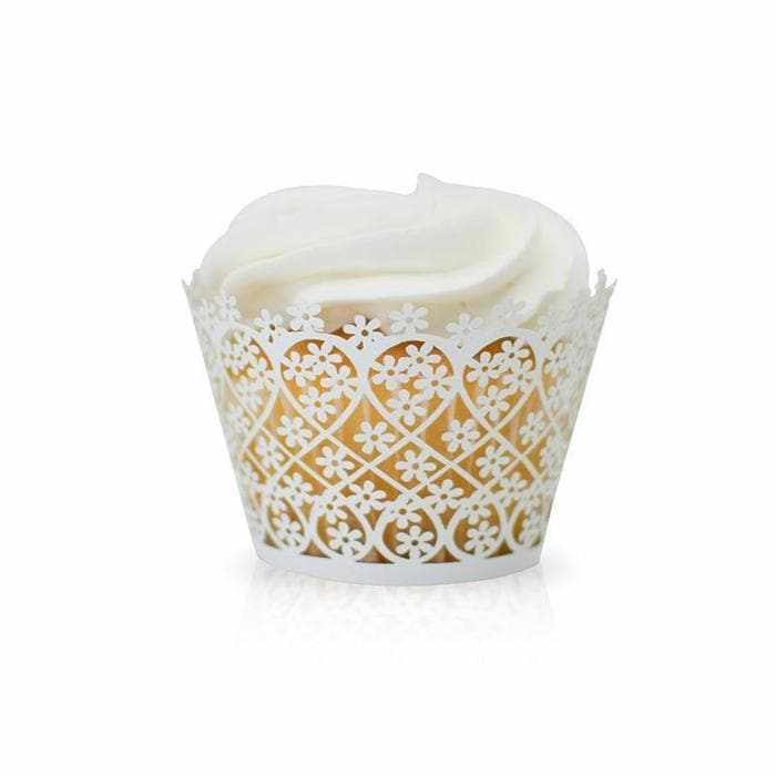Ivory-White Pearlized Floral Lace Cupcake Wrappers & Liners | 25 PC Set