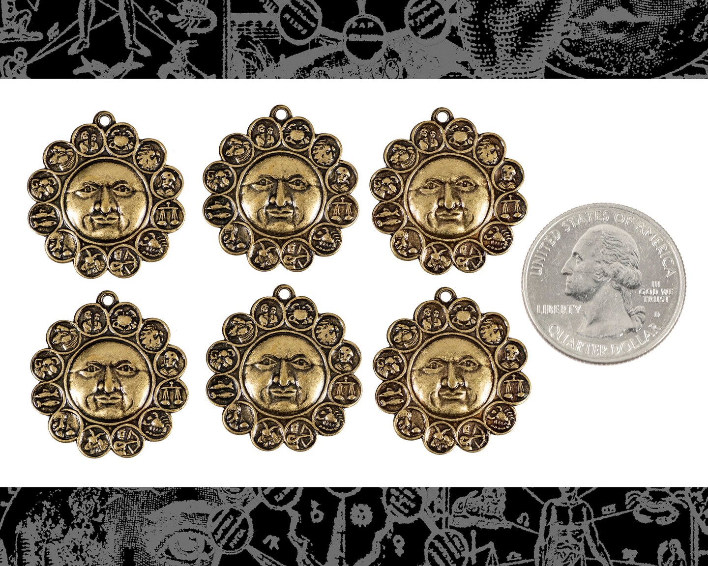 Antiqued Brass Sun Astrological Charm-Pendants - Set of Six - AB-C37