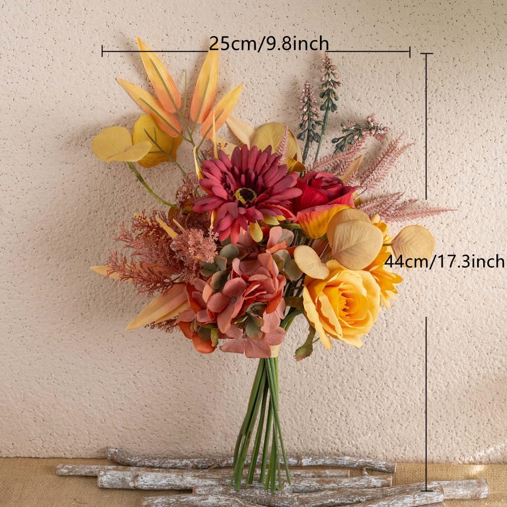 Artificial Fake Flowers Plants Silk Flower Arrangements Wedding Bouquets Decorations Plastic Floral Table Centerpieces for Home Kitchen Garden Party D&#xE9;cor (Autumn red)