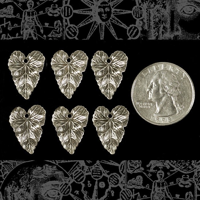Antiqued Silver Plated Brass Heart Shaped Leaf Charms - Set of Six - S-C49