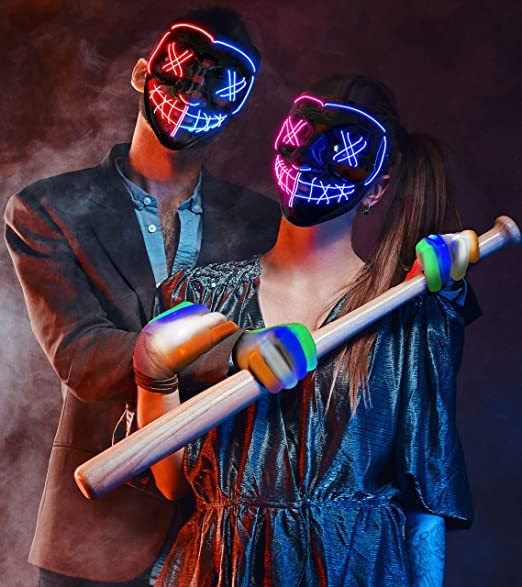 Halloween Mask Skeleton Gloves Set, 3 Modes Light Up Scary LED Mask with LED Glow Gloves, Halloween Decorations Anonymous Carnival Costumes glow purge Masks Gift for Boys Girl