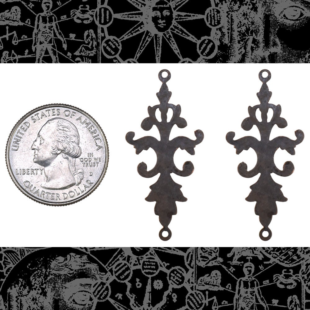 Chocolate Brown Plated Brass Long Victorian Filigree Two Ring Connectors - Set of Two - RB-2C94