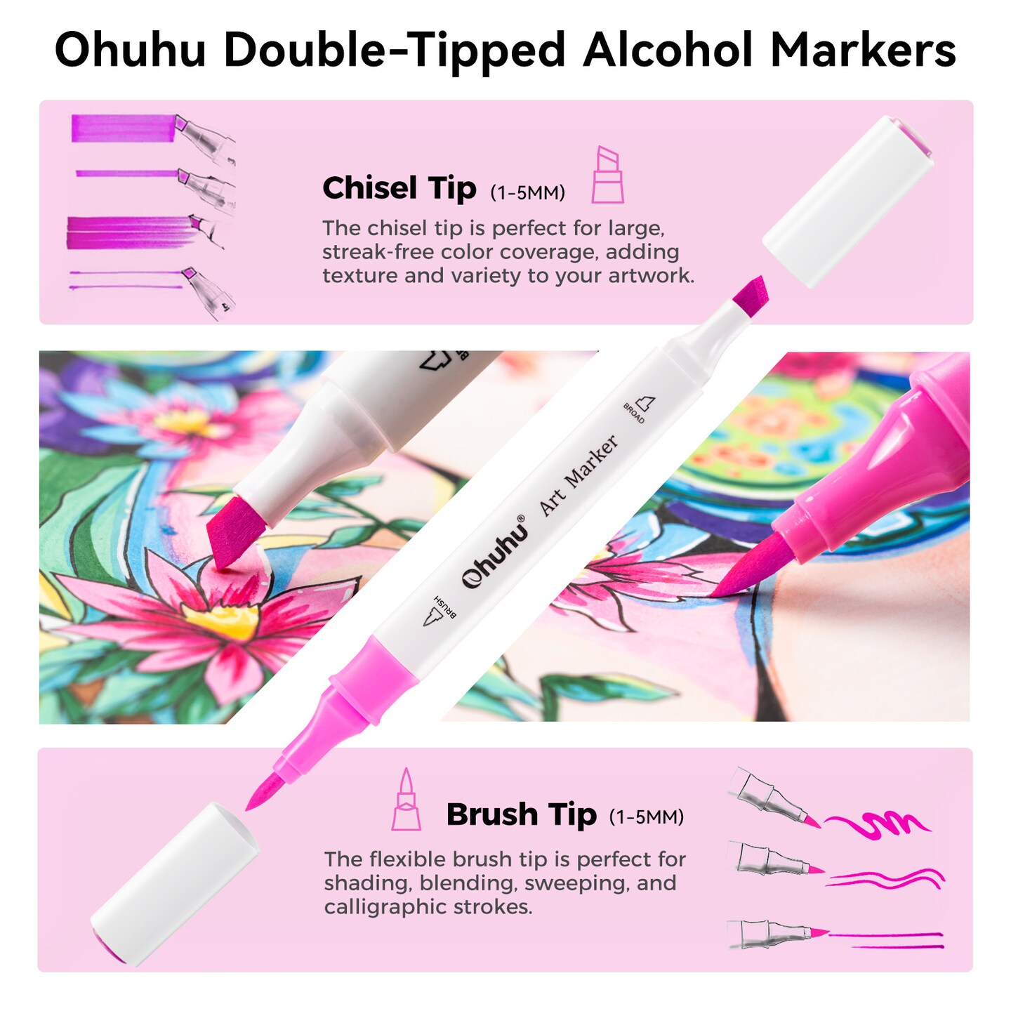 Ohuhu Alcohol Markers Brush Tip - Double Tipped Markers for Artist Adult Coloring Sketching - 48-color Art Marker Set for Fashion Cartoon Animation Illustration Design - Brush Chisel Dual Tips