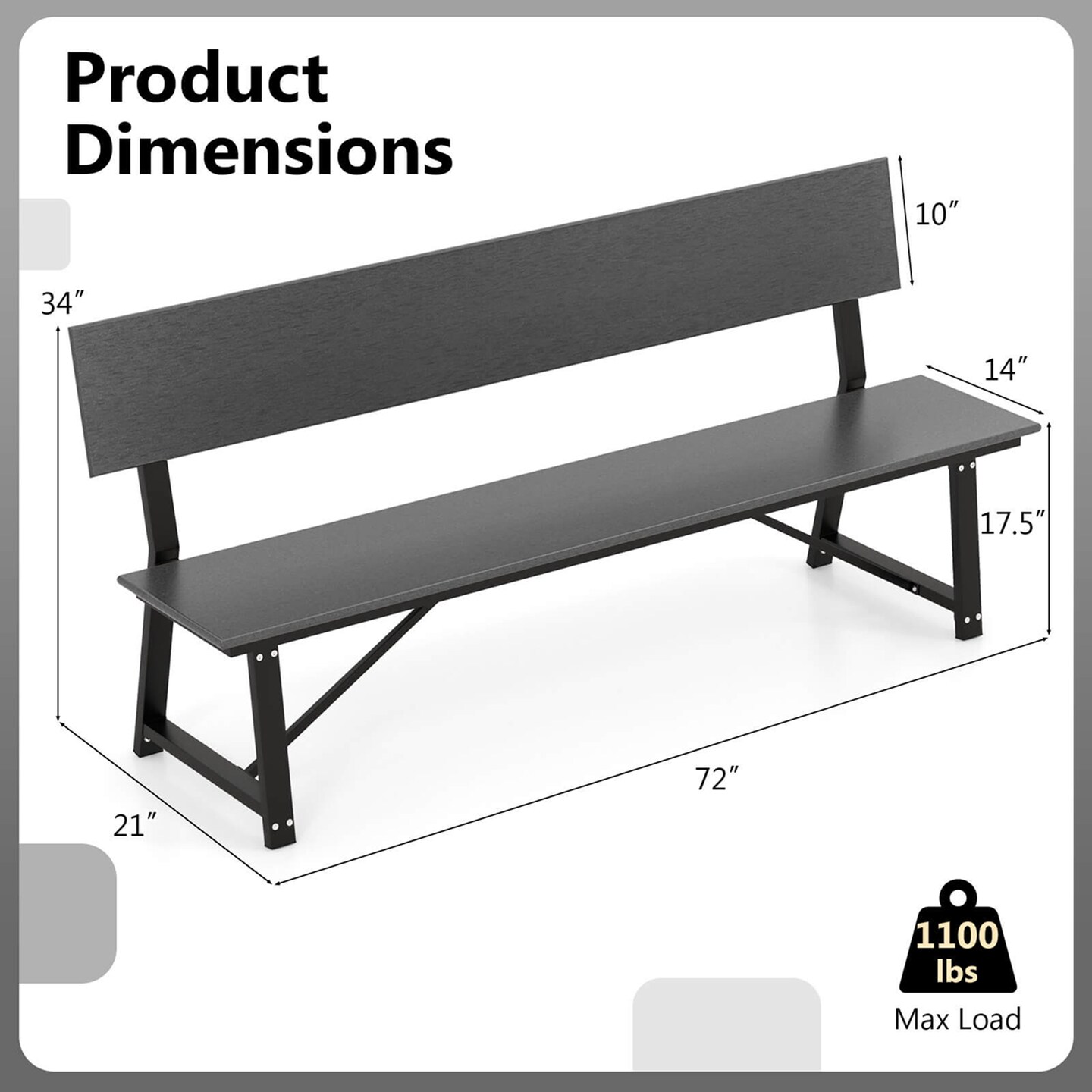 Costway 1/2 PCS 4-Person Bench with All-Weather HDPE Seat & Back Heavy-Duty Metal Support Grey