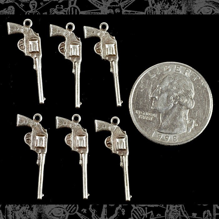 Antiqued Silver Plated Brass Western Gun Charms - Set of Six - S-C56