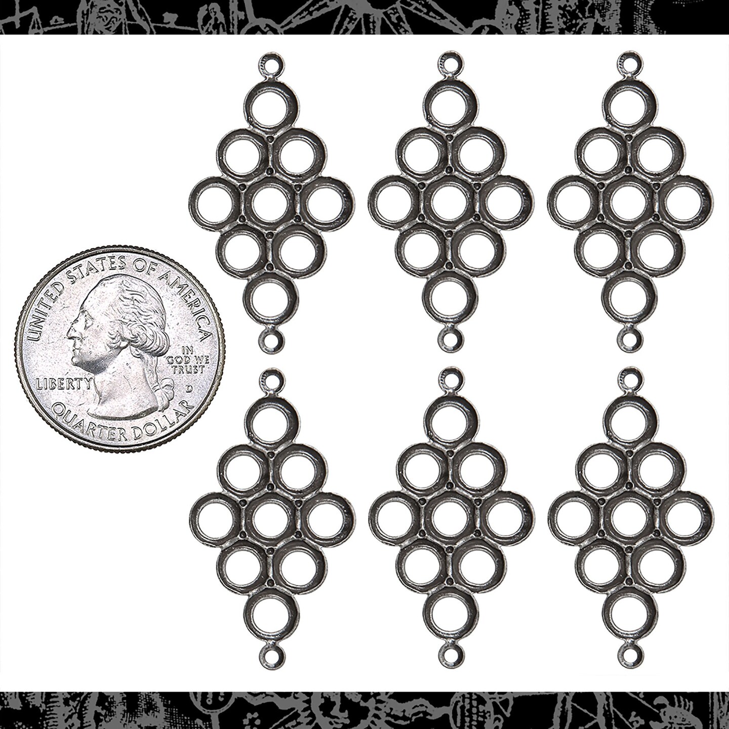 Antiqued Silver Plated Brass Bubble Two Ring Connectors - Set of Six - XXX - S-2C96