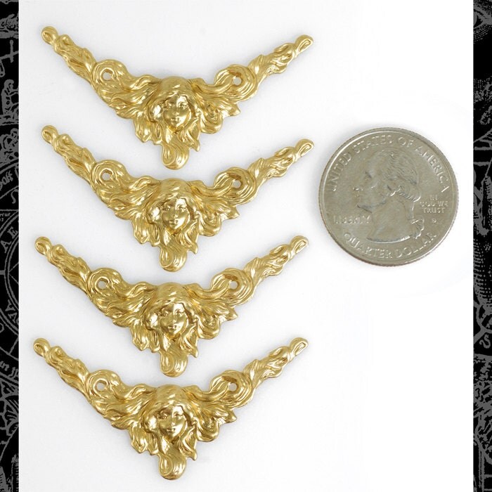 Raw Brass Woman with Flowing Hair Vintage Art Deco Corners or Connectors - Set of Four - B-2C54