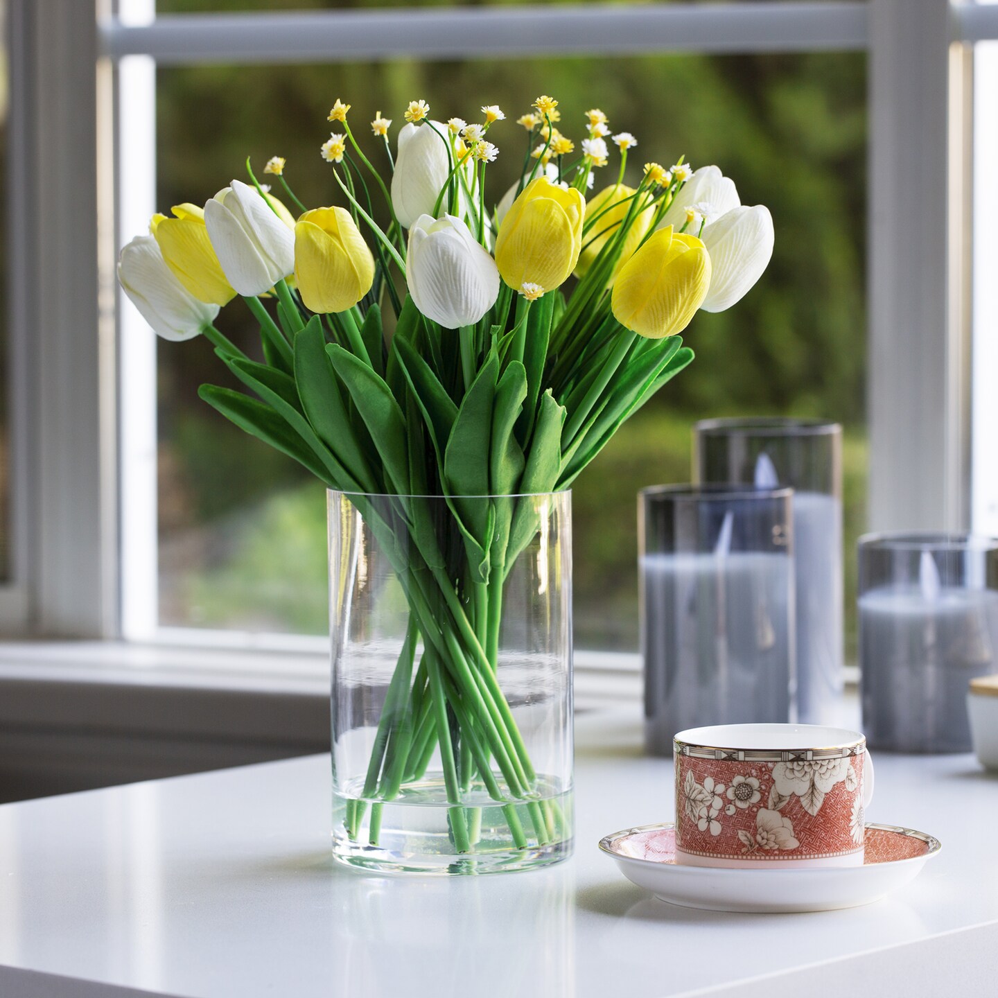 18 Heads Artificial Tulips Flowers Real Touch in Vase, Artificial
