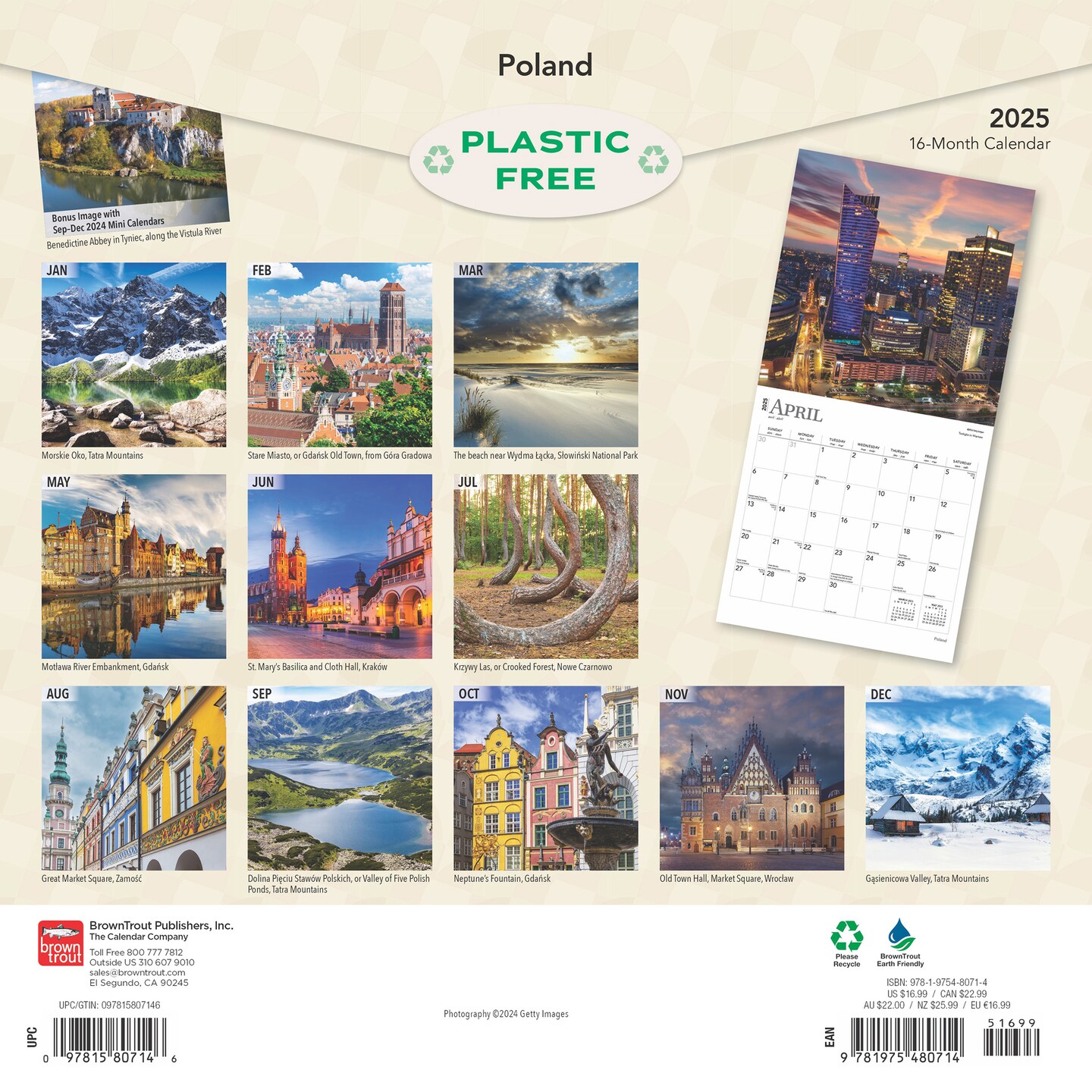 Poland | 2025 12 x 24 Inch Monthly Square Wall Calendar | Plastic-Free | BrownTrout | Travel Europe Warsaw