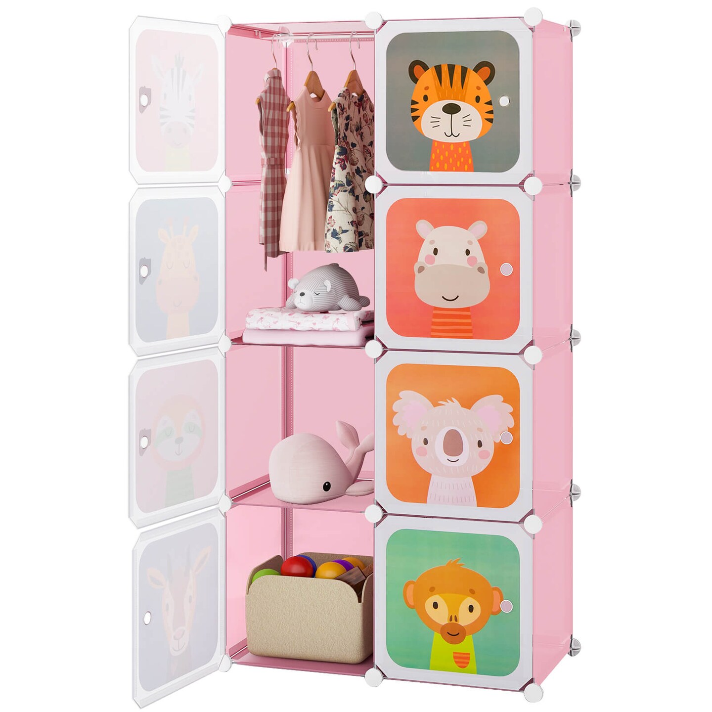 Costway 8-Cube Kids Wardrobe Baby Dresser Bedroom Armoire Clothes Hanging Closet with Doors Blue/Pink/White