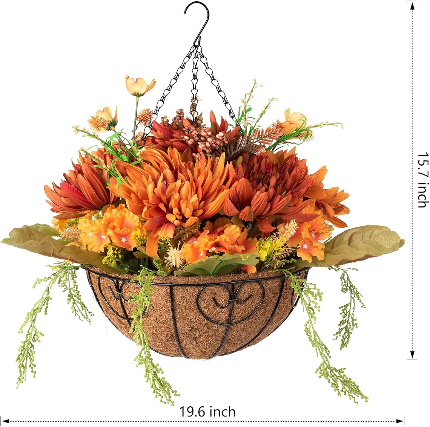 Artificial Fake Fall Hanging Chrysanthemum Flowers Plants Baskets for Outdoor Outside, Faux Silk Orange Mums UV Resistant Realistic for Autumn Home Porch Patio Balcony Yard Decor