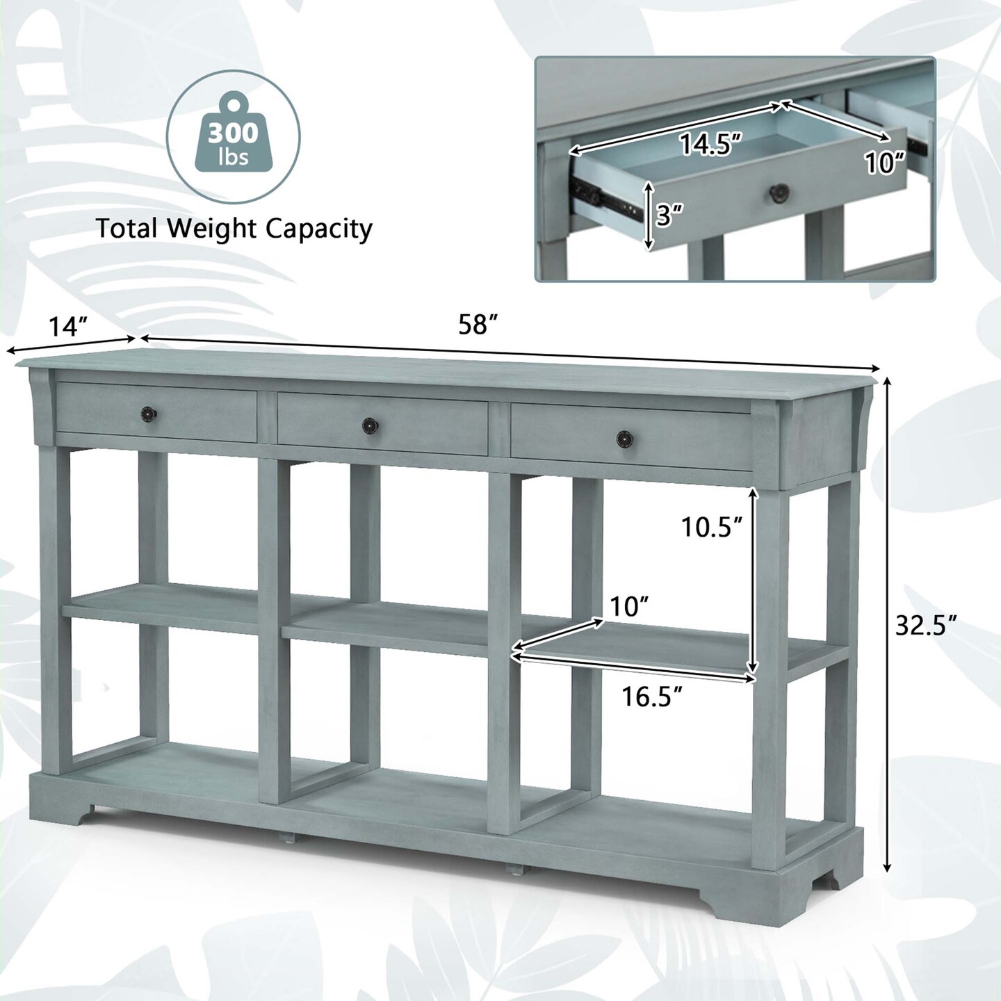 Costway 58&#x27;&#x27; Long Sofa Table with Storage Retro Console Table with 3 Drawers &#x26; Open Shelves Blue/White