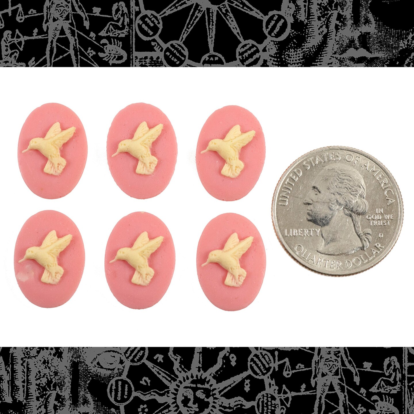 Pink and Cream Mirror Image Hummingbird Cameos 13mm x 18mm - Set of 6 - Three Pairs - CAM199