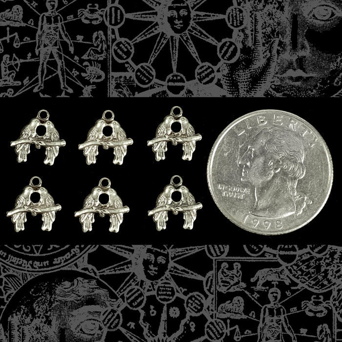 Petite Antiqued Silver Plated Brass Kissing Love Bird Charms - Set of Six - S-C42
