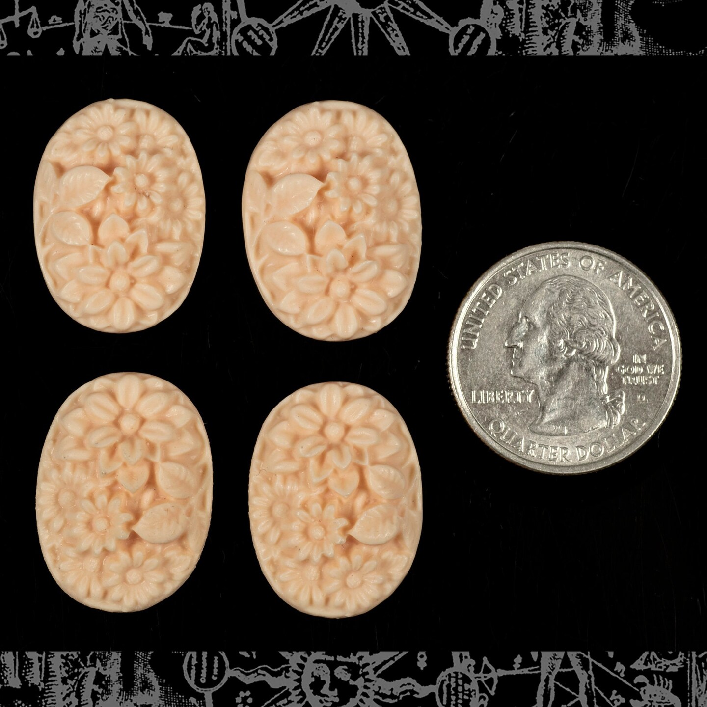 Carved Floral 25mm x 18mm Coral Cabochons - Set of Four - CAB38