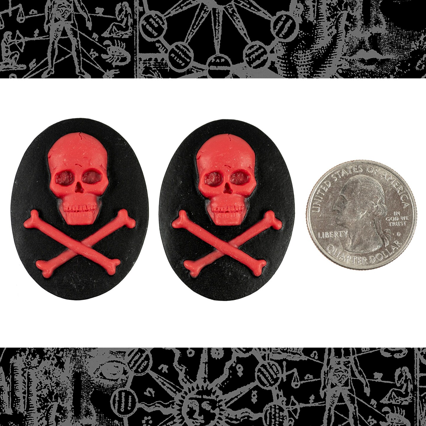 Black and Red Skull and Crossbones Cameos 30mm x 40mm Cameos - Set of Two - CAM224
