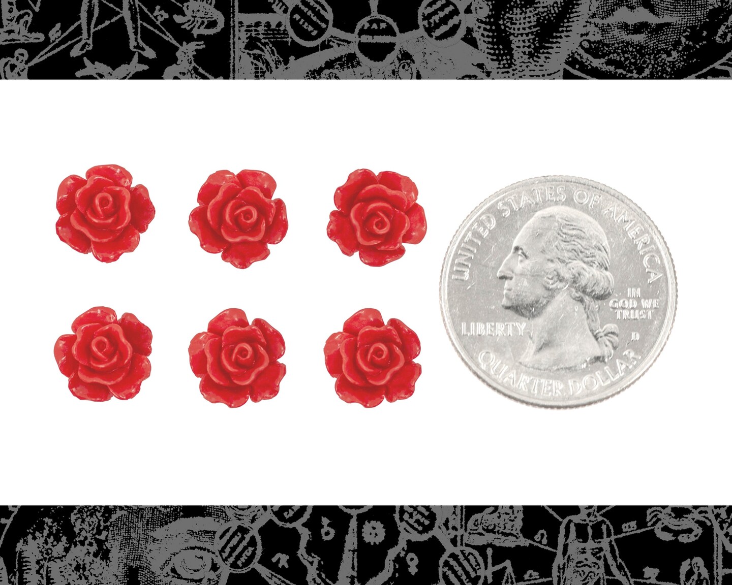 Red Miniature Full Blooming Rose Cameo Cabochons 9mm - Set of Six - Flwr111