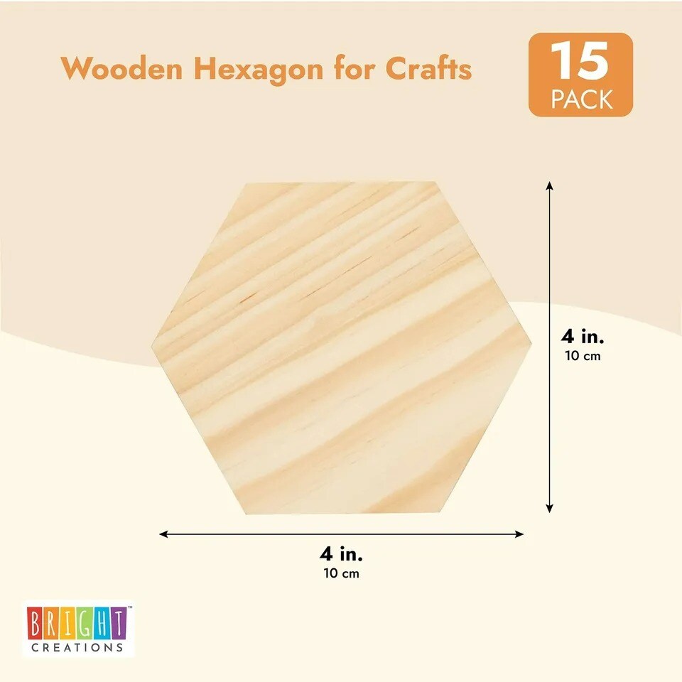 15 Pack Unfinished Wooden Hexagon Cutouts for Crafts, 1/4&#x22; Thick, 4 x 4 In